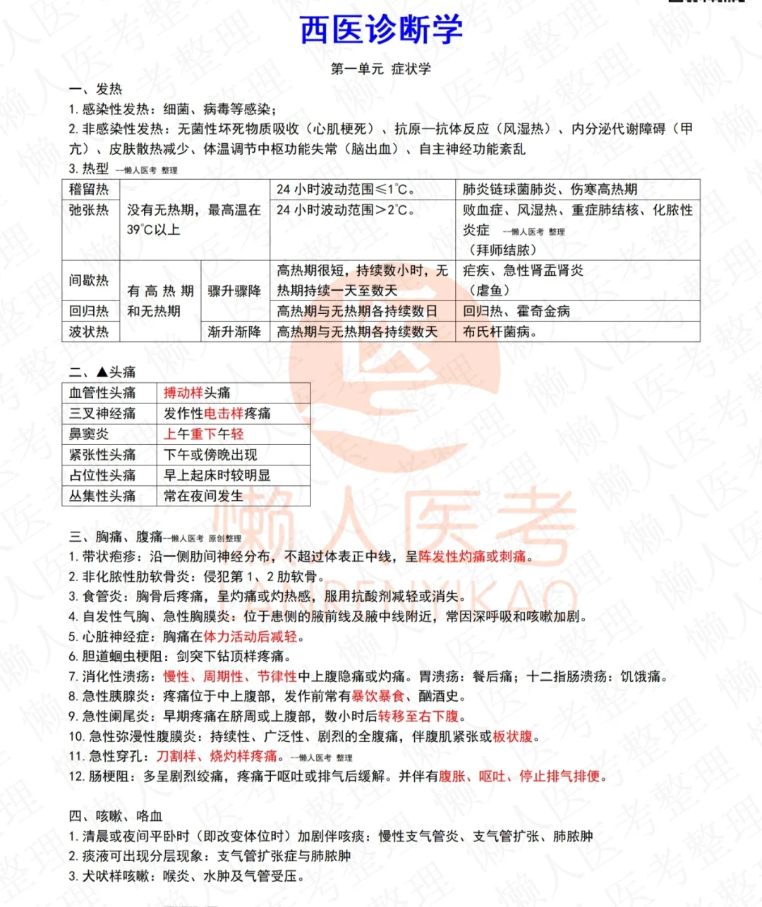 执医西医诊断学重难点8页纸