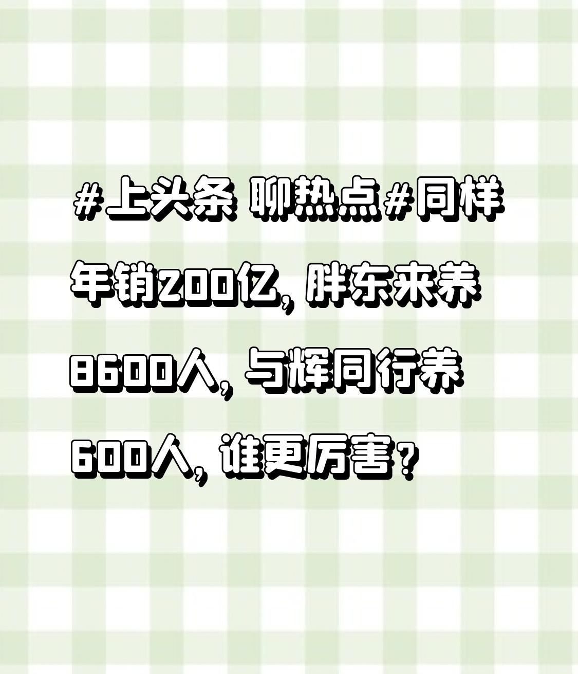 同样年销200亿，胖东来养8600人，与辉同行养600人，谁更厉害？
这看似简单