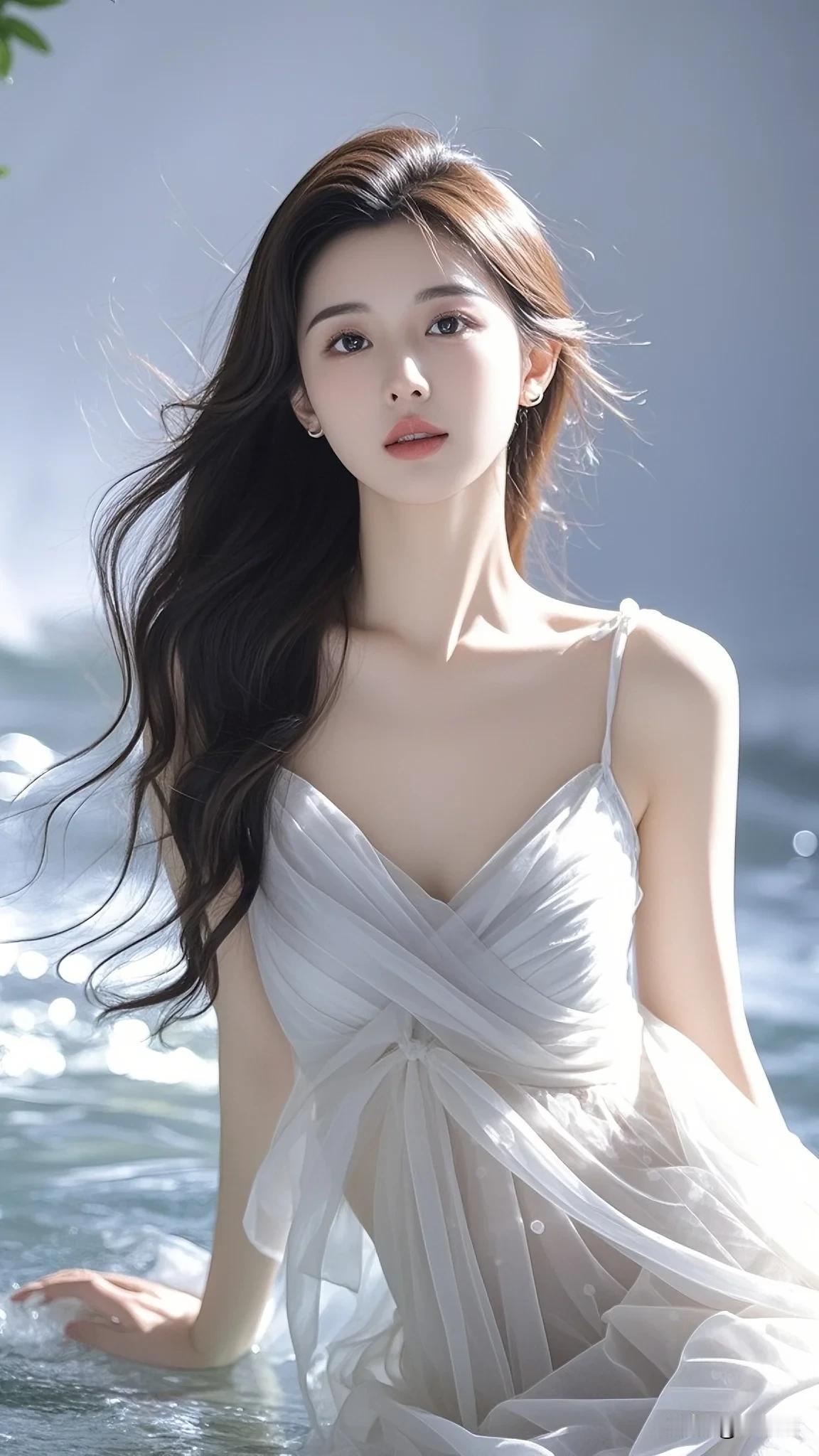 夏日清凉，海边漫步，轻盈白裙，微风拂面，少女心满满。