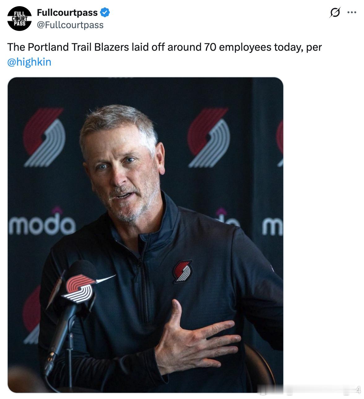 据Sean Highkin报道，波特兰开拓者今日解雇了约70名员工NBA开拓者将