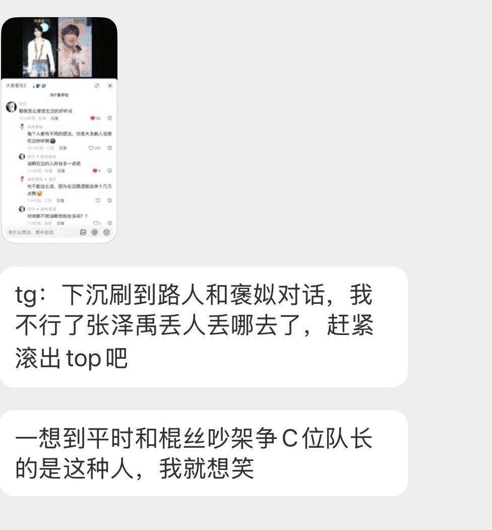 【投稿】刷到下沉张泽禹粉丝和路人对话 