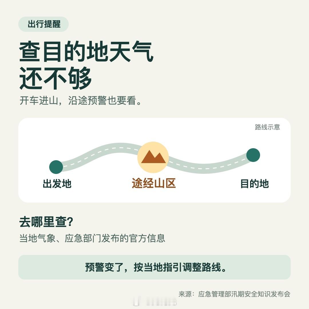 开车进山，查天气别只看目的地，沿途预警也要看。遇到预警或管制，按当地指引调整路线