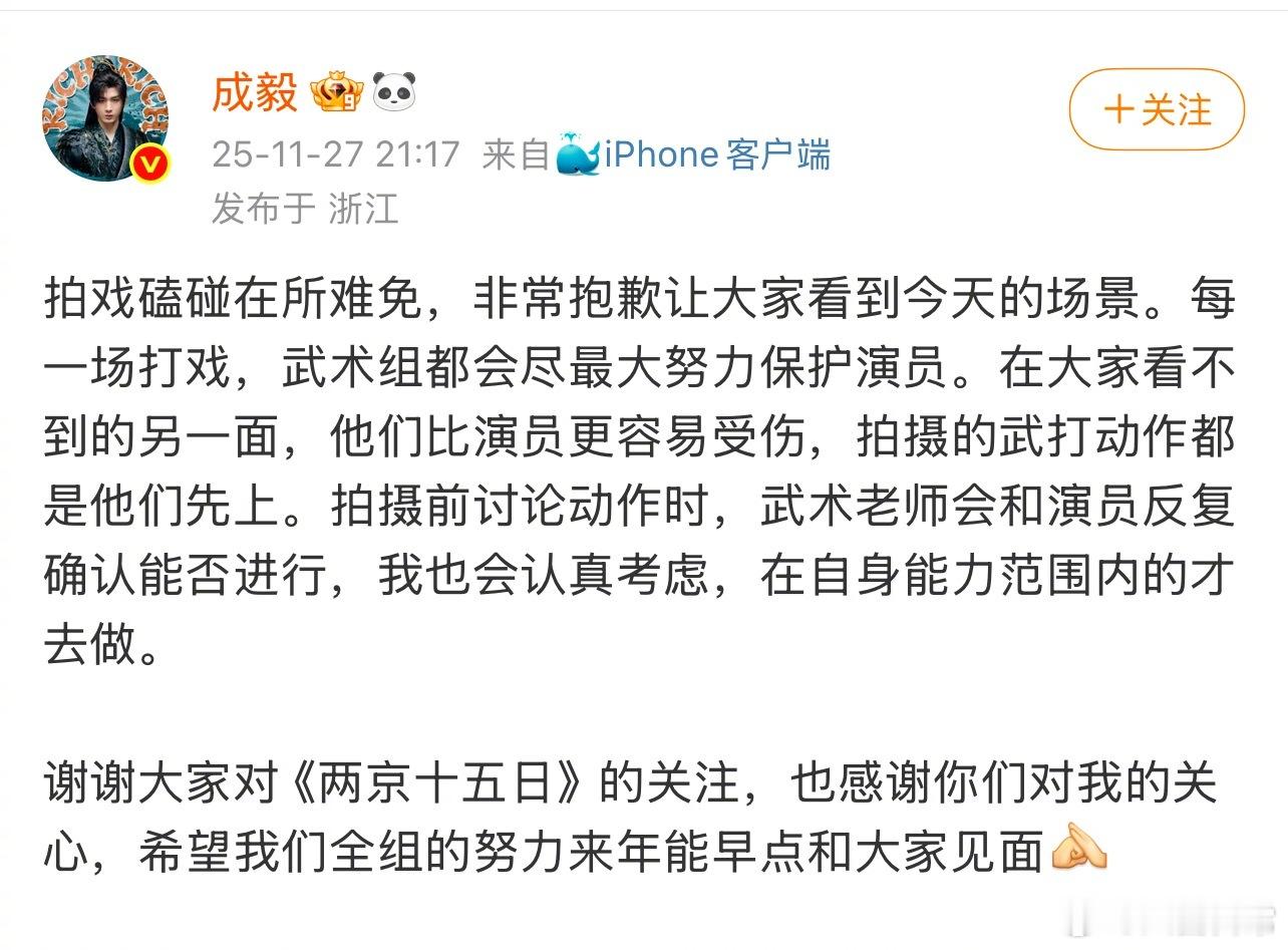 成毅发文报平安：拍戏磕碰在所难免，非常抱歉让大家看到今天的场景。每一场打戏，武术