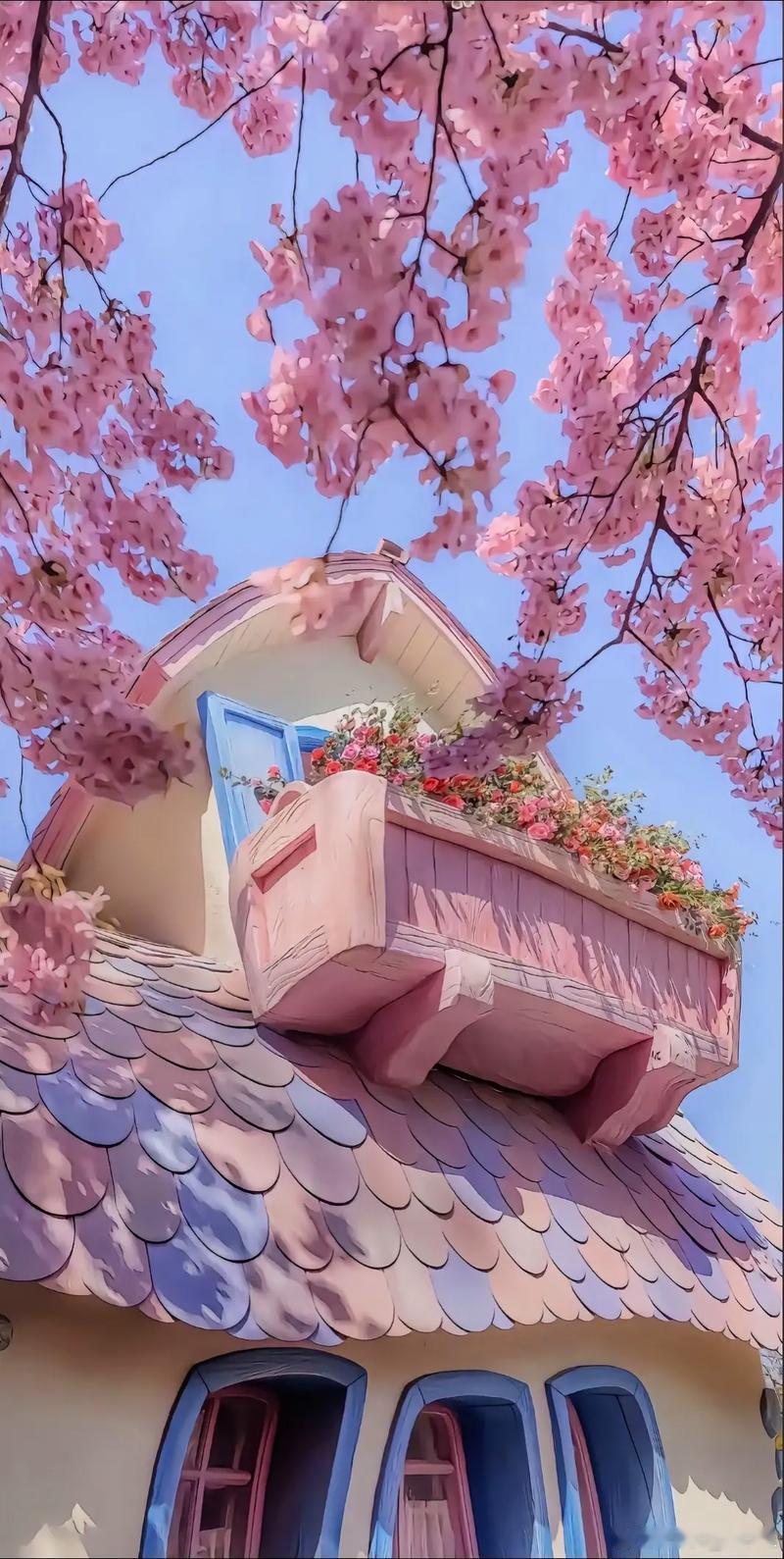 壁纸 满树粉樱漫过童话小屋，温柔撞进春日晴空，风里裹着花香，藏着独属于少女的浪漫