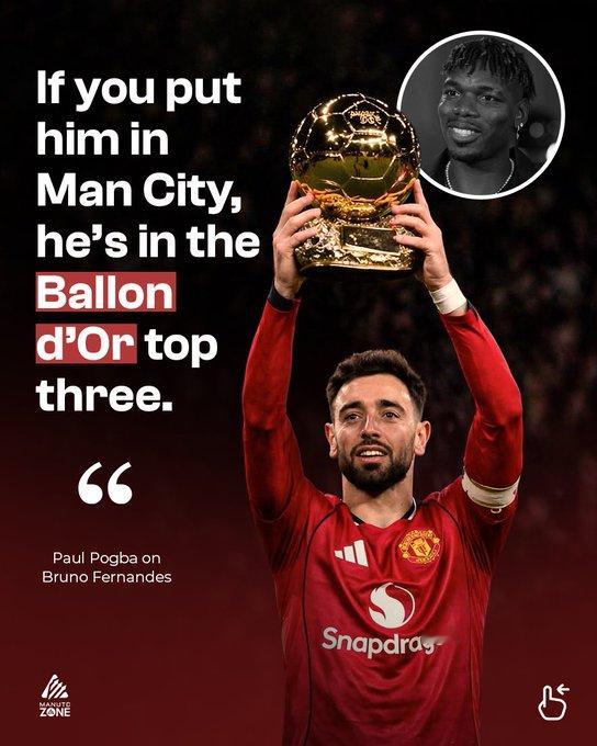 博格巴如果B费现在效力曼城，他金球奖前三。 