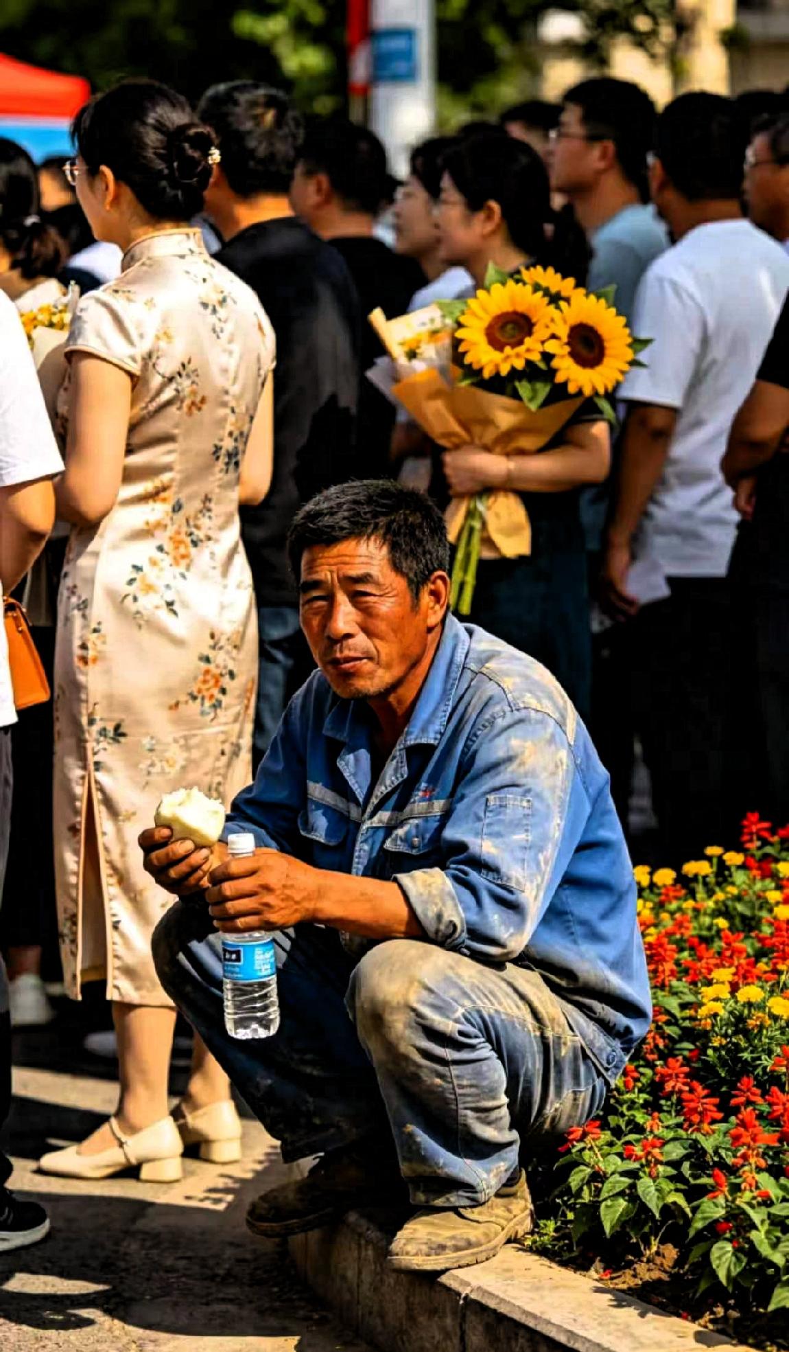 高考第一场，考场外一位父亲蹲在路边吃馒头，身着一件已经洗得泛白的蓝色工装，袖口长