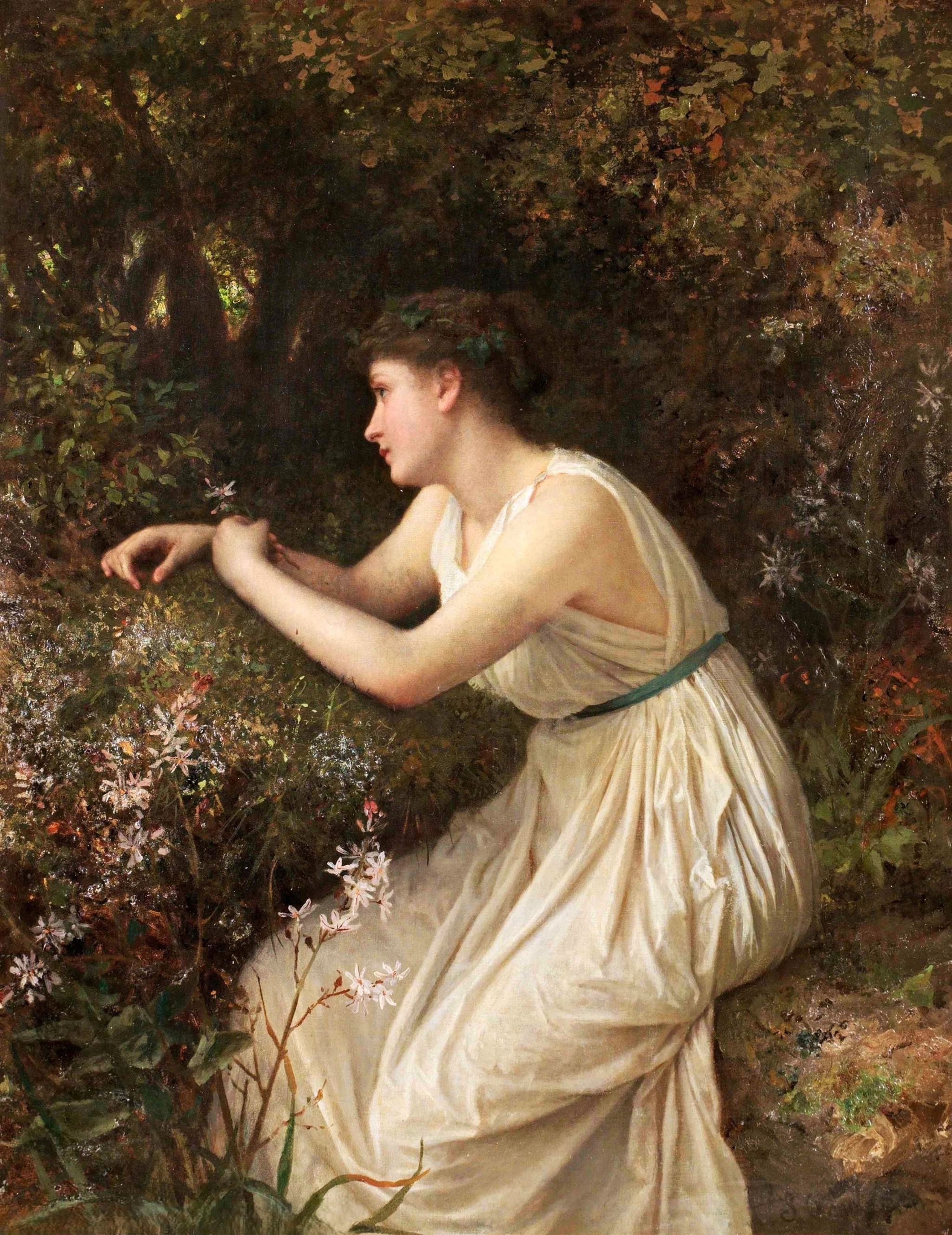 花丛中的女人，法国画家Sophie Anderson 