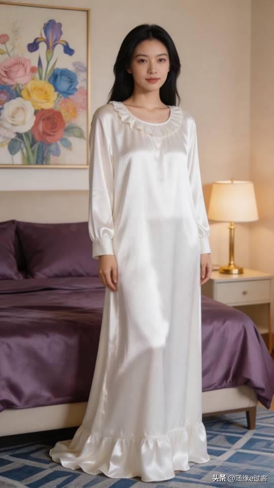 美女展示白色真丝家居服。家居服 睡衣