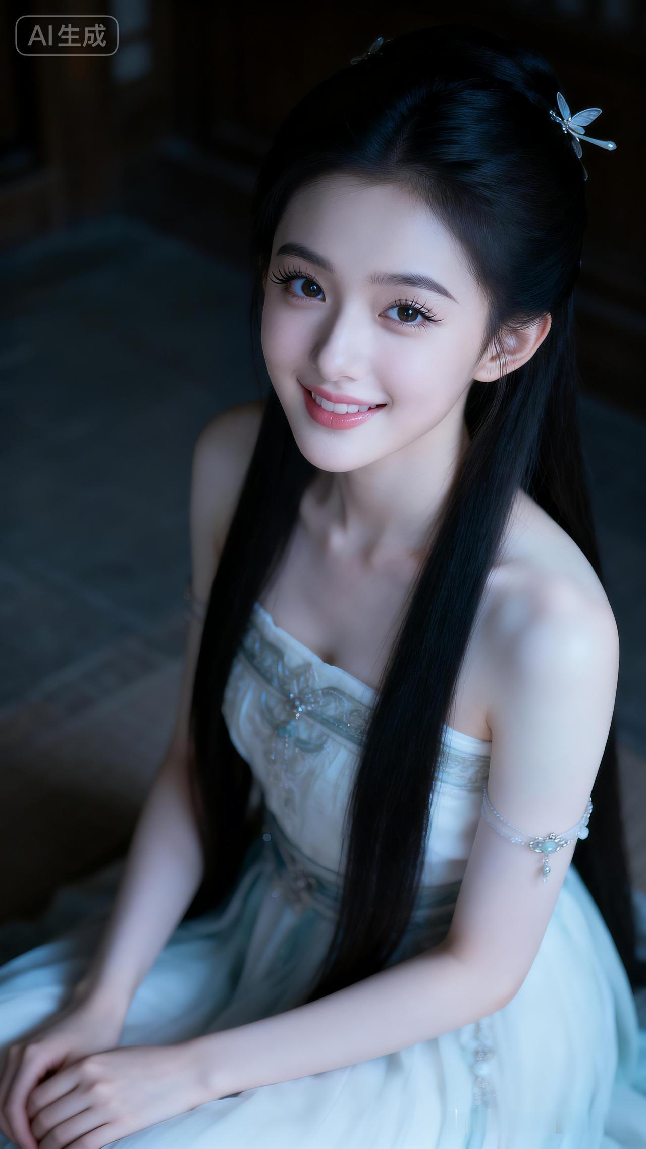 素颜少女肌肤莹润，眉眼清丽，黑发垂落缀简约发饰，端坐室内，神态温柔，大光圈虚化背