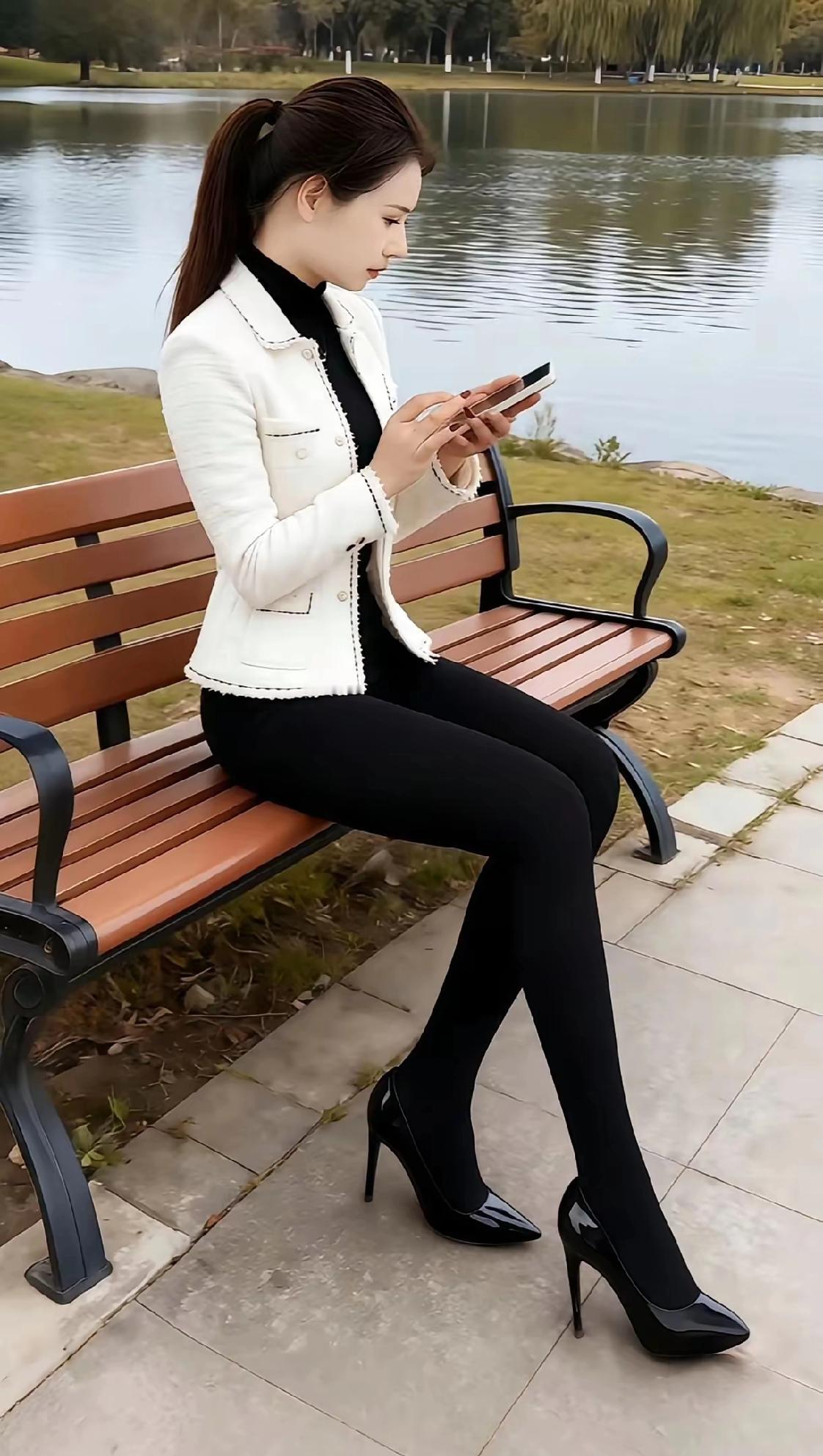 湖边长椅上的时尚穿搭，黑白配尽显优雅气质。