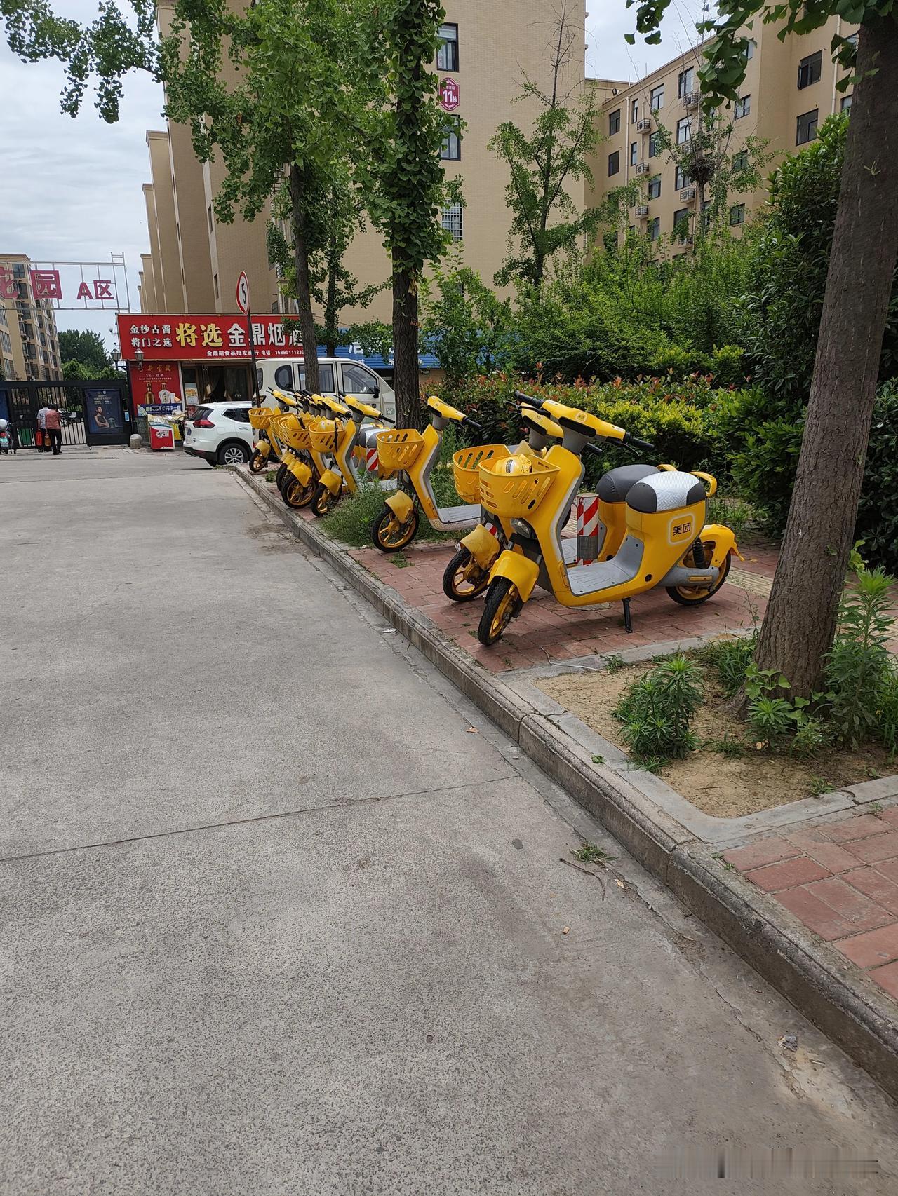 家门口的美团小电驴也太整齐了吧！一排小黄车整整齐齐停在路边，看着就舒服。

平时