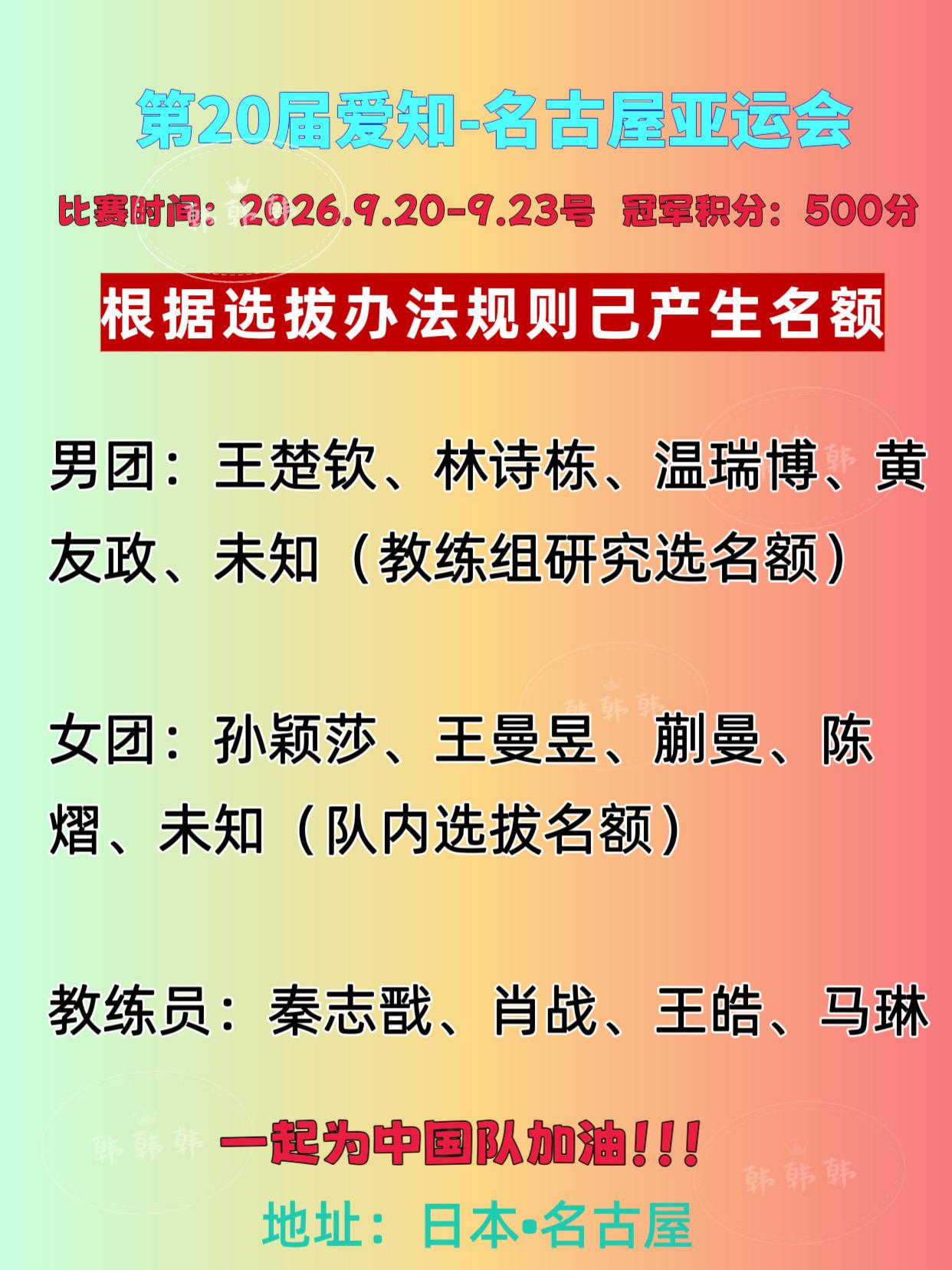 名古屋亚运会当前规则下产生名单 名古屋亚运会中国乒协给出的选拔办法，就...