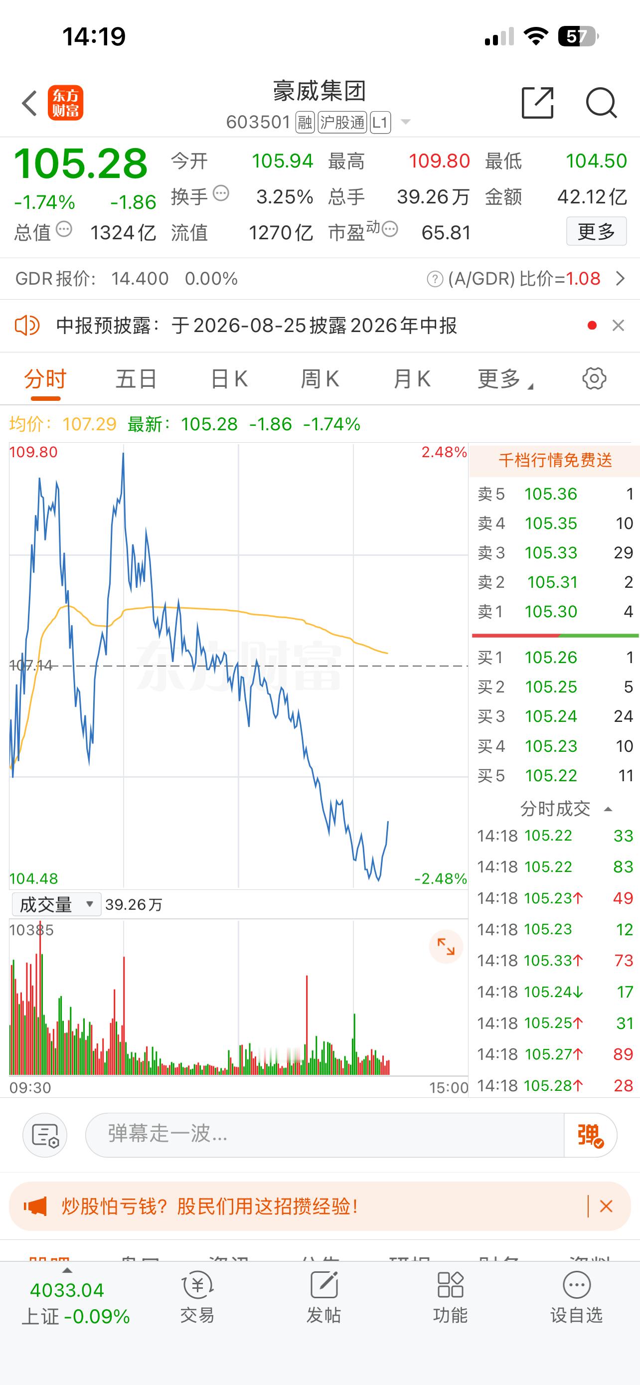建议关注：豪威集团，逢低关注，低位半导体方向，一成仓， 
