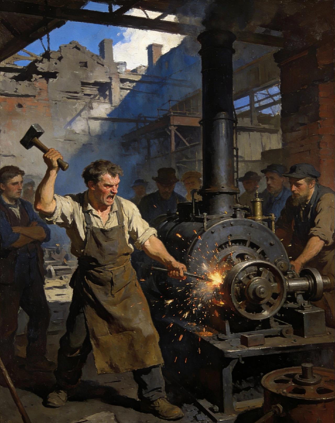 “新机器和新发明带来了失业，技术进步等于资本家更赚钱，工人没有保障，没有话语权。