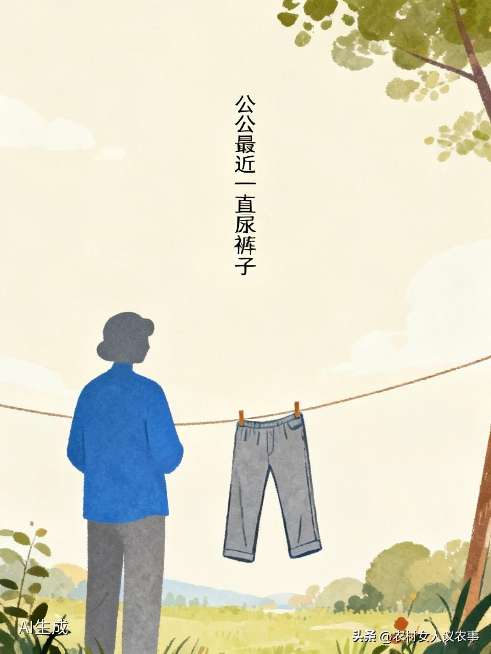 公公最近一直尿裤子。
我很烦。每天大约都尿湿两次。
每天三顿饭去送，都看到他换下