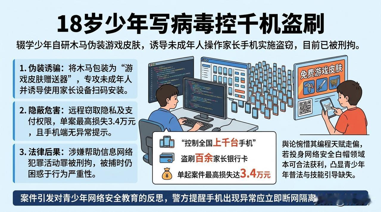 18岁辍学少年，自学编程技术专门研发远程控制木马病毒。
将病毒伪装成游戏装备或皮