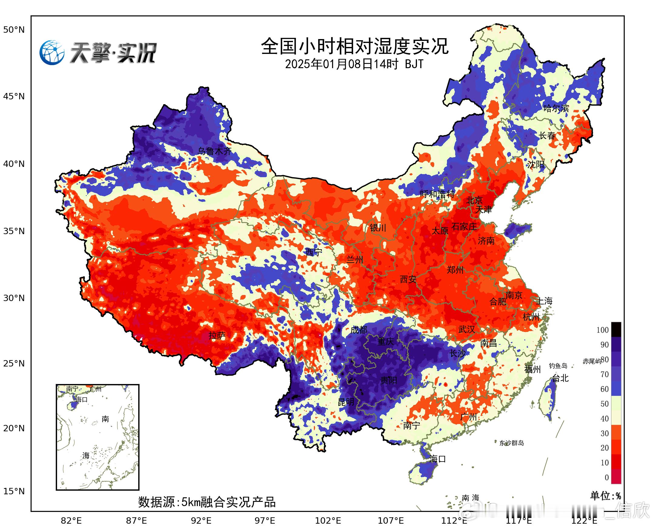 【干燥】今天干燥的空气从华北向长江中下游沿线推进，多地下午相对湿度不足30%。石