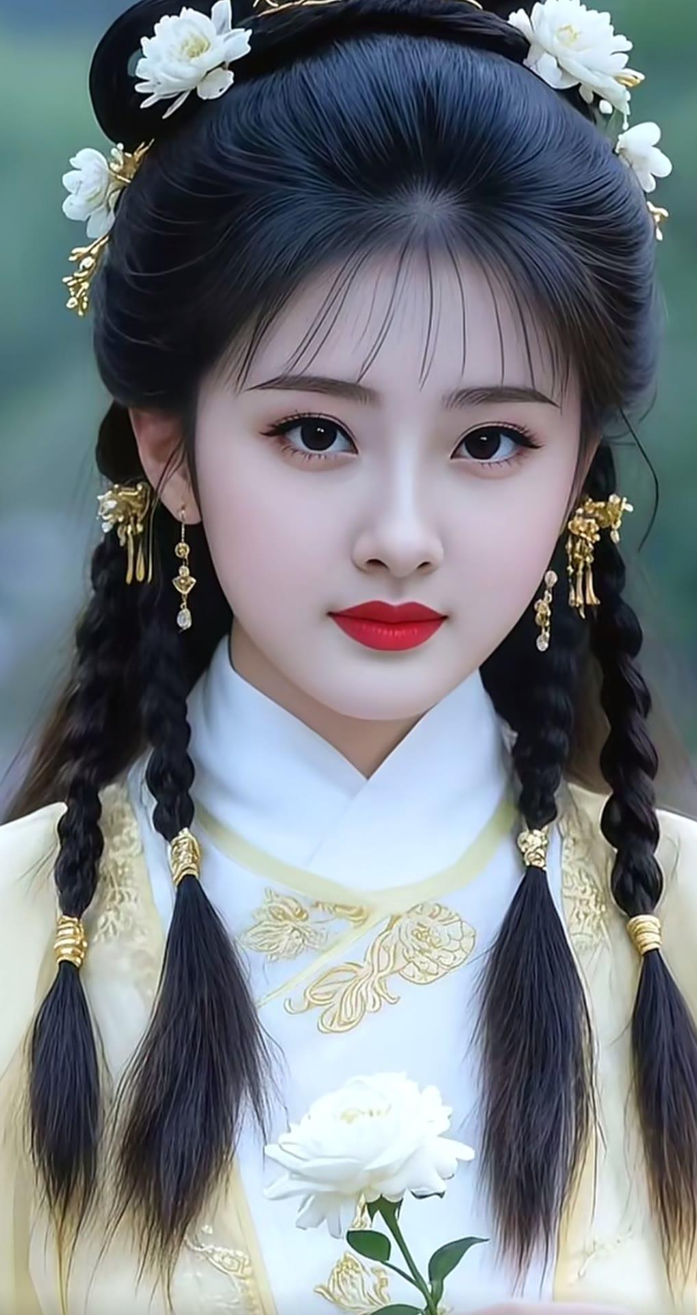 古风少女，花簪双髻，红唇轻启，宛如画中人。