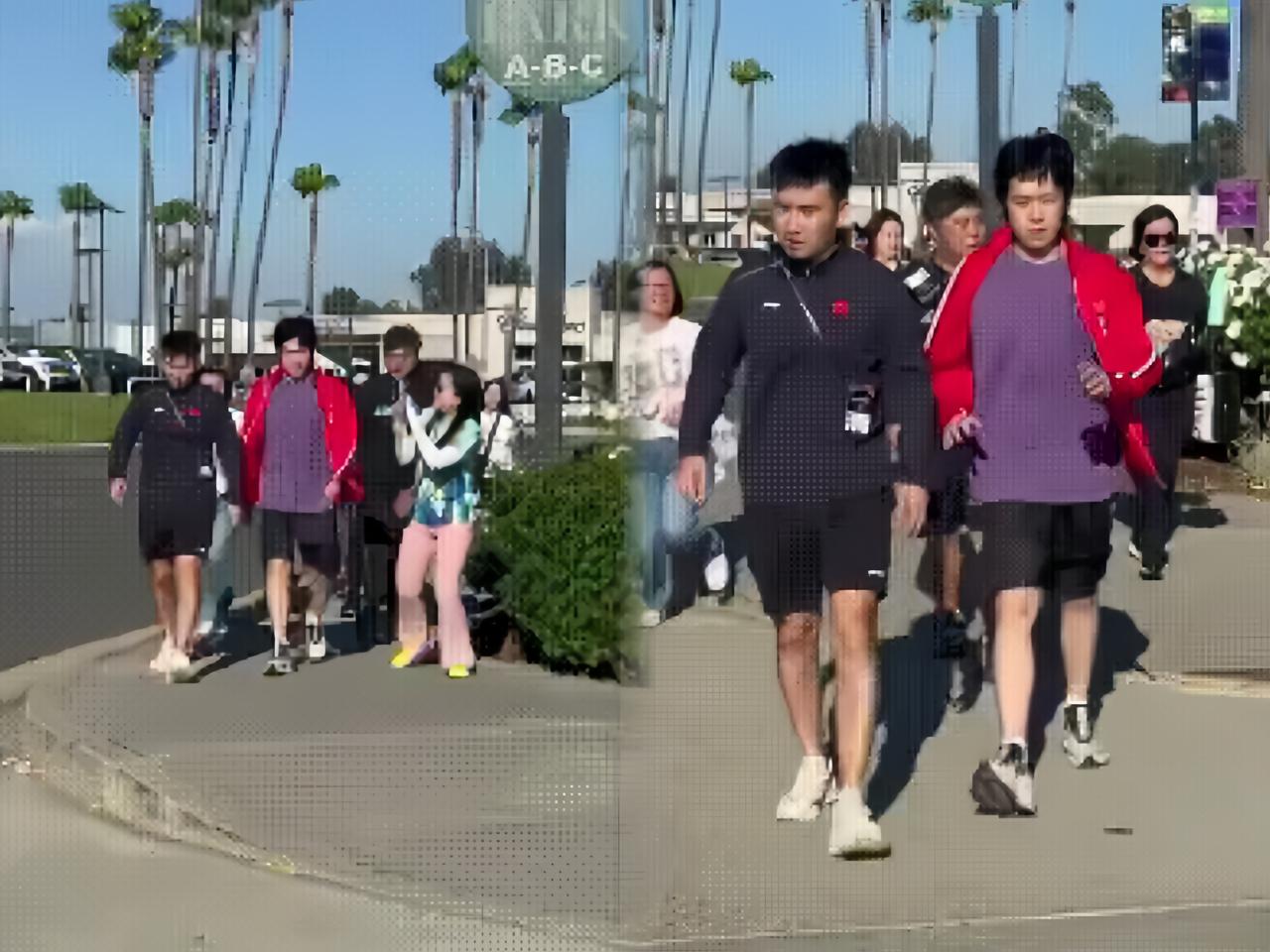 头哥跟队友们刚出现在洛杉矶街头，
好家伙，
一堆粉丝直接围上去怼脸拍。
人挤人的