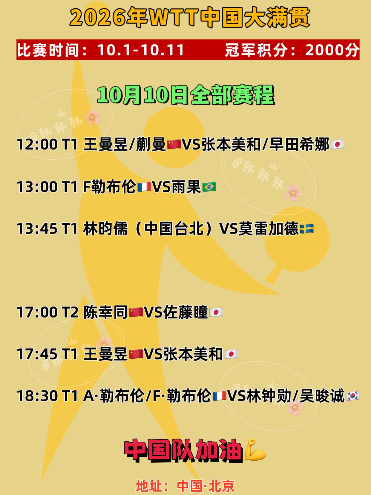 中国大满贯。10月10日全部赛程 中国队加油，三场抗日加油💪