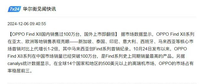 OPPOFindX8国内销售过100万台  OPPO Find X8系列在亚太、