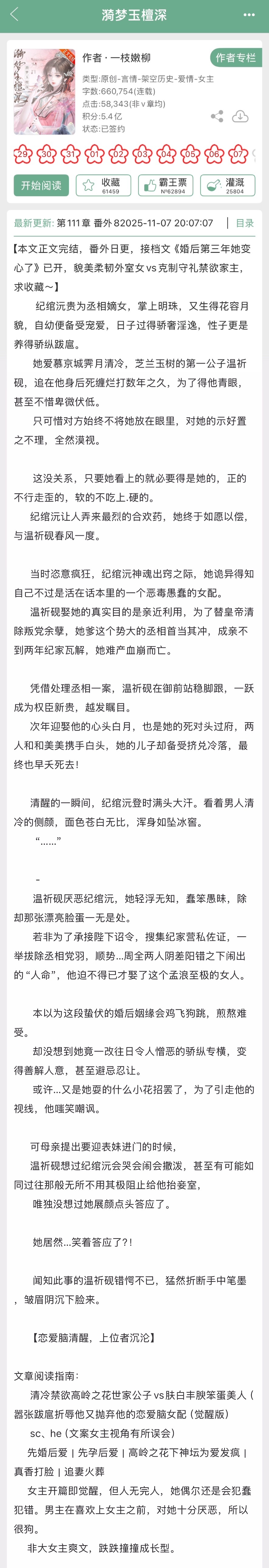 一枝嫩柳的《漪梦玉檀深》完结啦！古言，先婚后爱➕高岭之花下神坛为爱发疯➕追妻火葬
