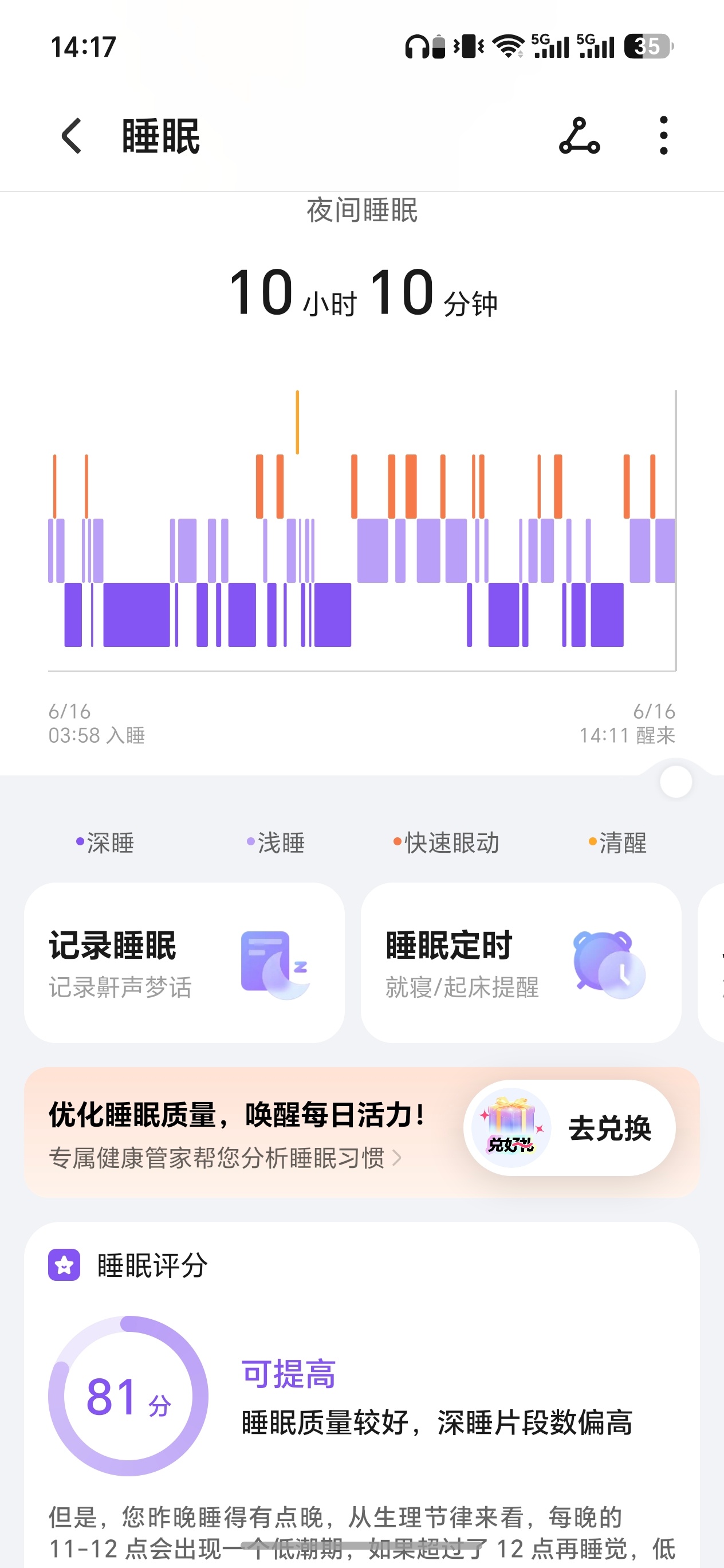 王腾苹果睡眠95分但自称睡得不好最近姐也戴上了手环记录睡眠真的好好用虽然还是会熬