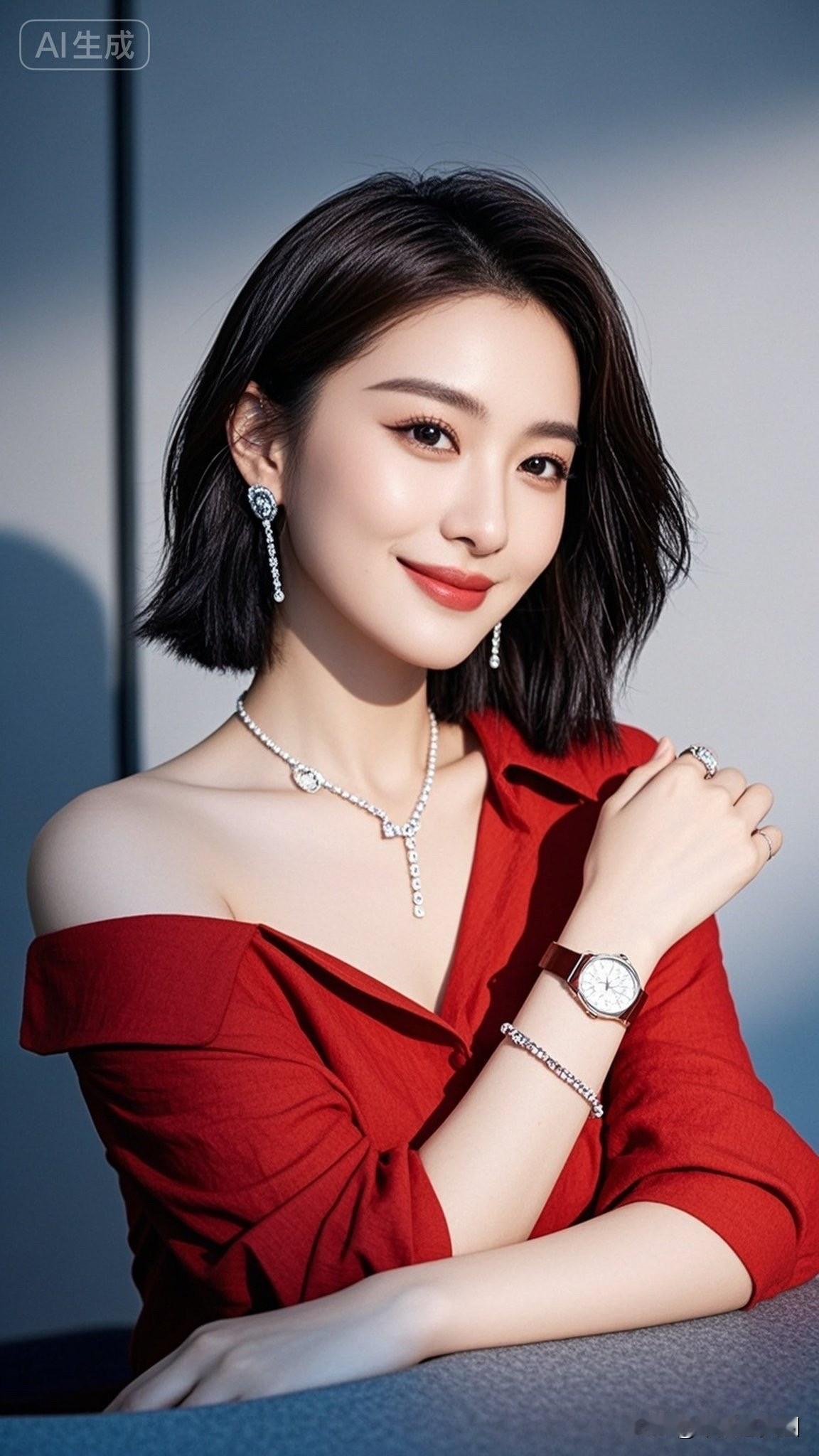 这位美女穿着红色露肩裙，笑容甜美。