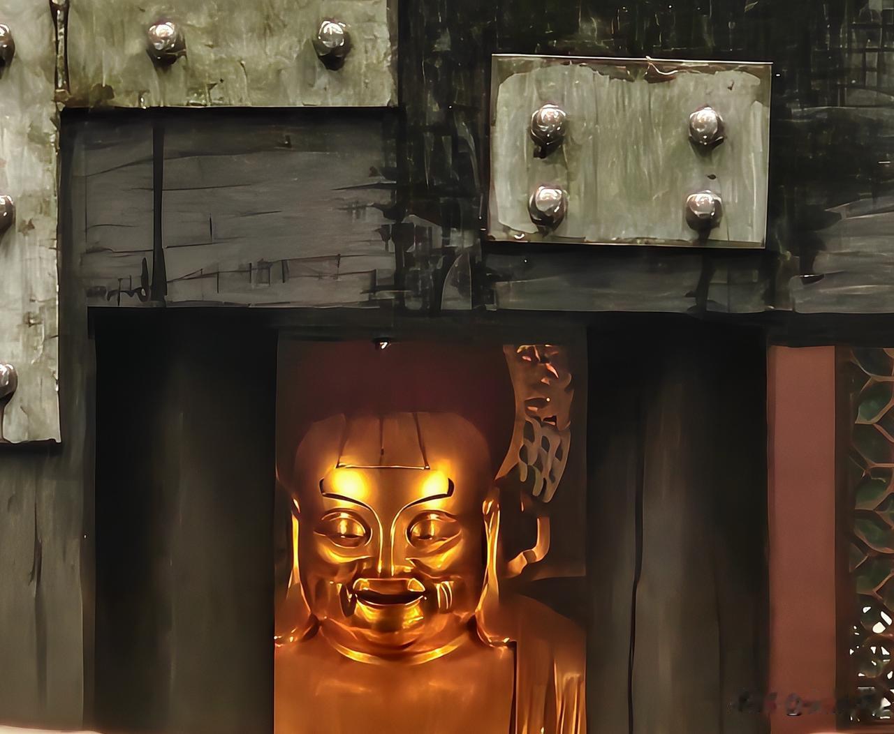 灵隐寺天王殿的正门通常不会完全敞开，在门缝里拍到这尊笑口常开的金色弥勒佛（布袋笑