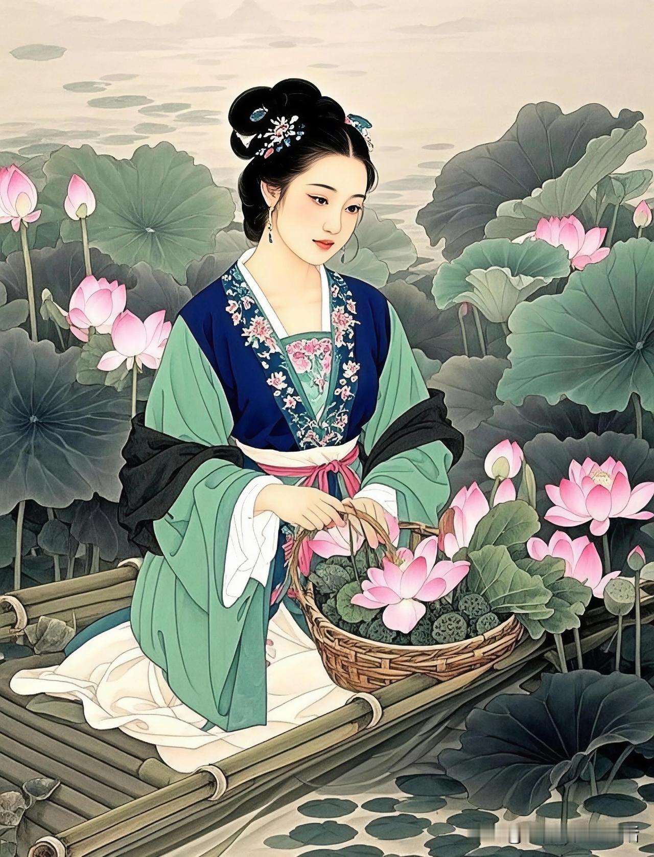 采莲人静，花影入船。