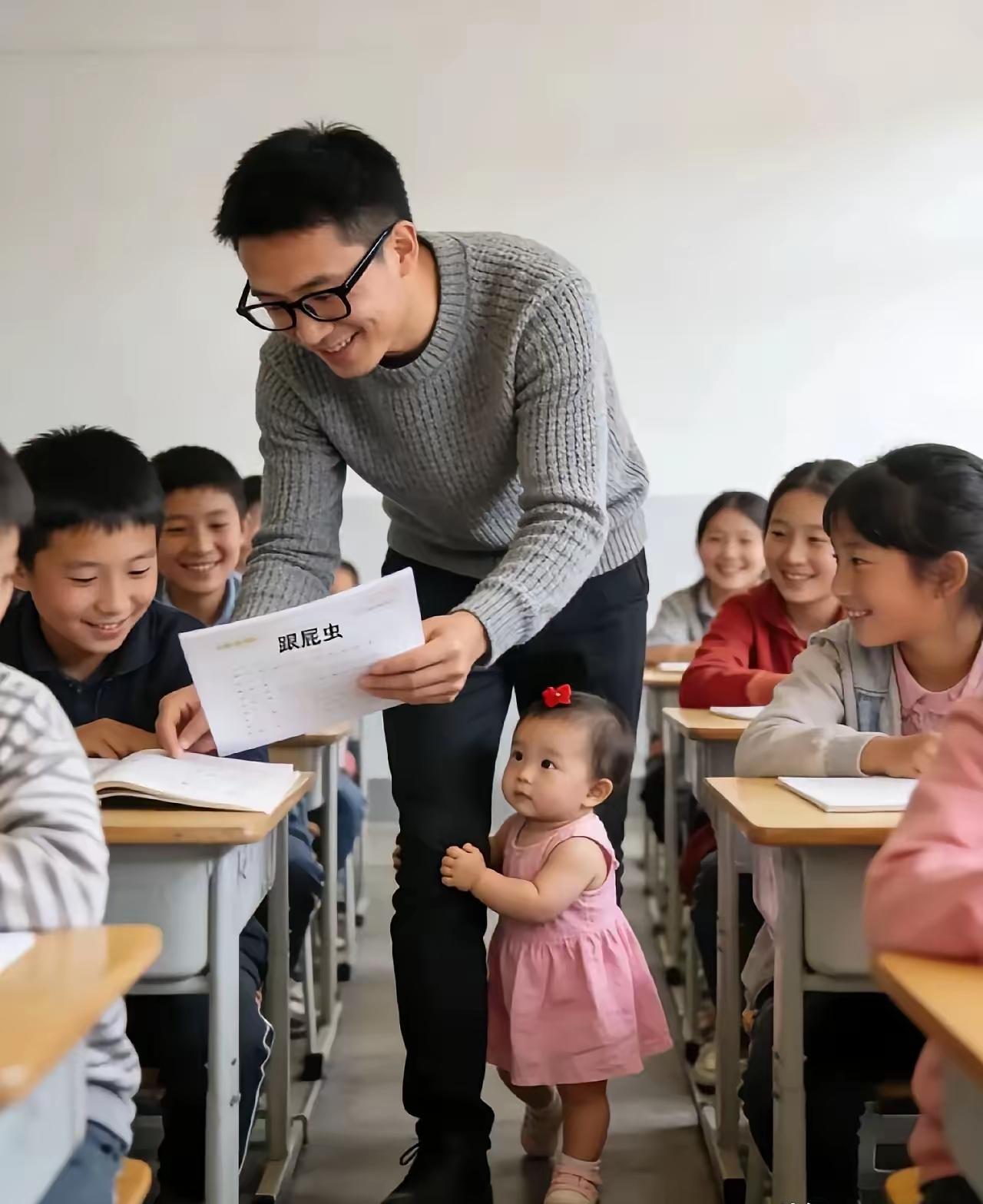 云南，一男老师将自己一岁多的孩子，每天带到教室上授课。

粉笔灰在阳光里飘，讲台