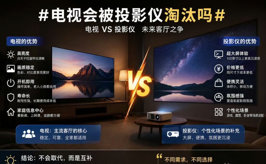 电视会被投影仪淘汰吗自家两种都在用，真心谈不上谁淘汰谁。小户型爱大屏氛围感选投影