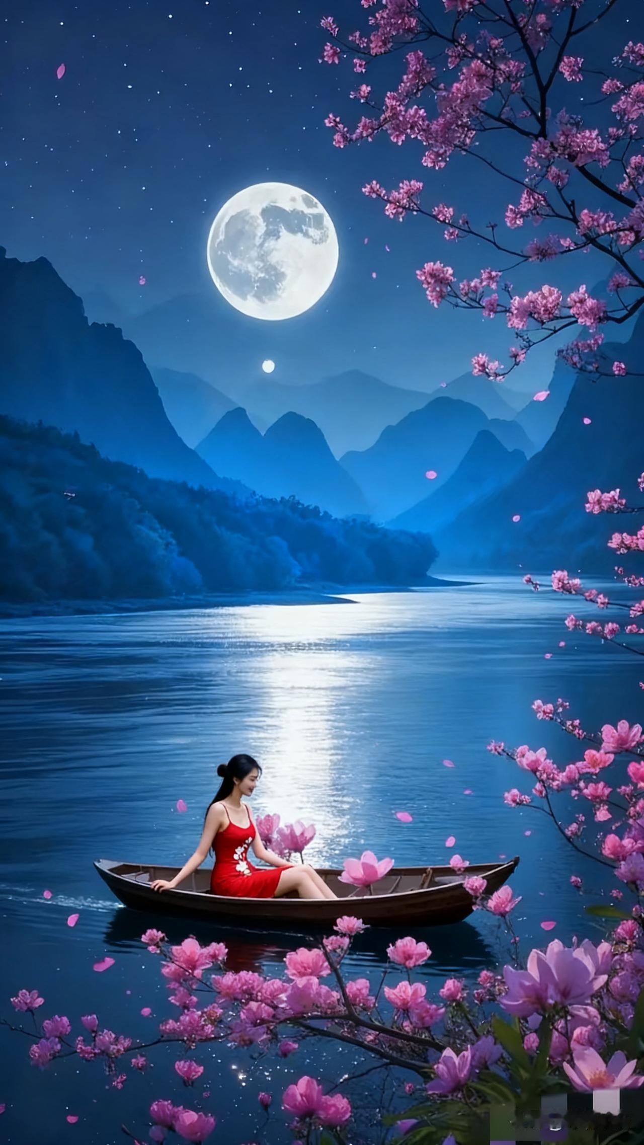 月光洒在湖面上，波光粼粼。她一袭红衣，静静坐在小船上，那红衣与湖水相映，宛如一幅