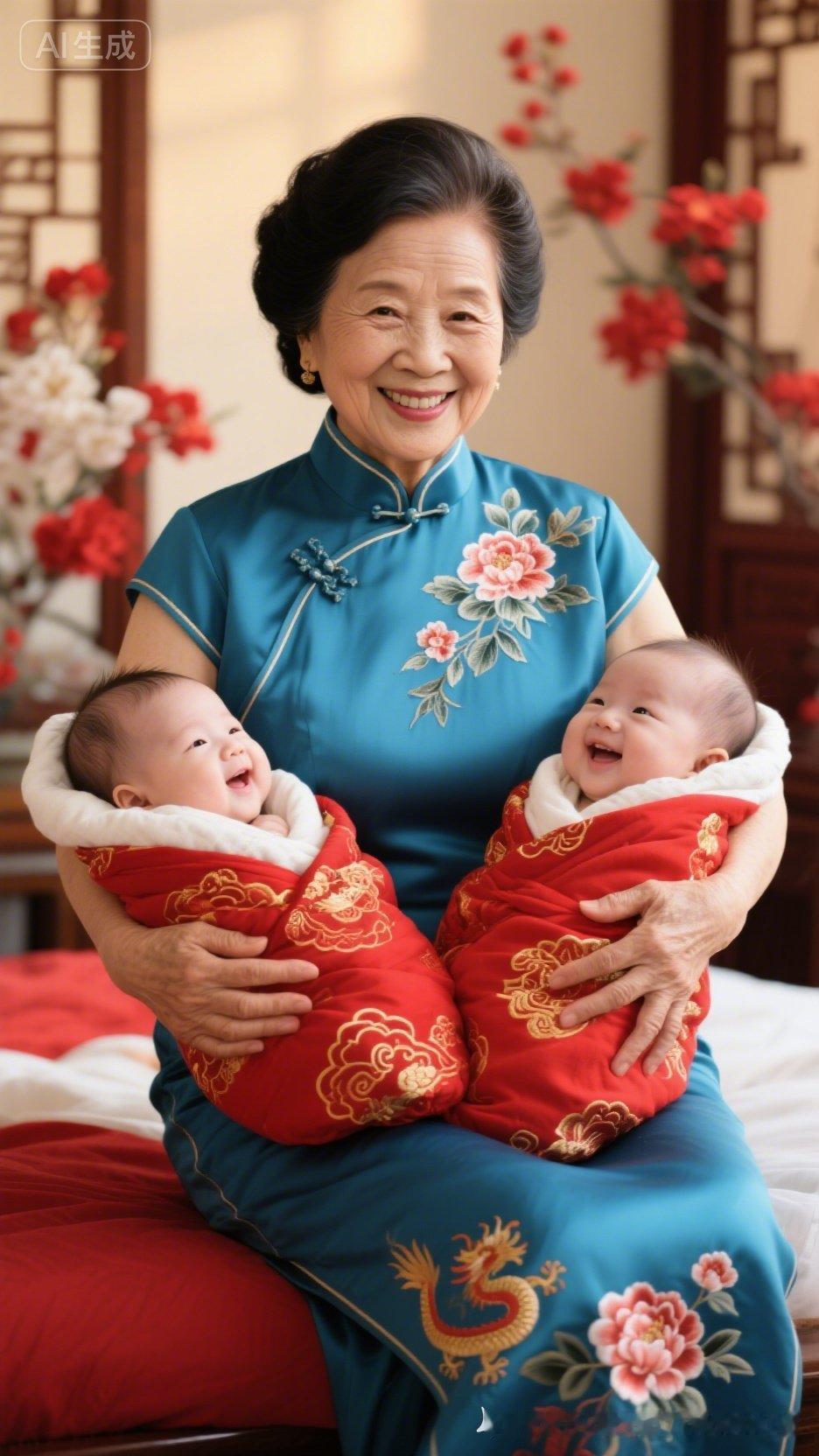 奶奶抱着两个开心的宝宝，笑容满面。