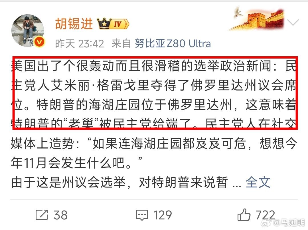 胡锡进老师说，“美国出了个很轰动而且很滑稽的选举政治新闻：民主党人艾米丽·格雷戈