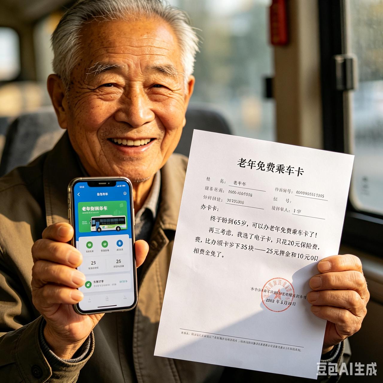 终于盼到65岁，能办理老年免费乘车卡啦！我反复思量，选择了最省钱的电子卡，仅需花
