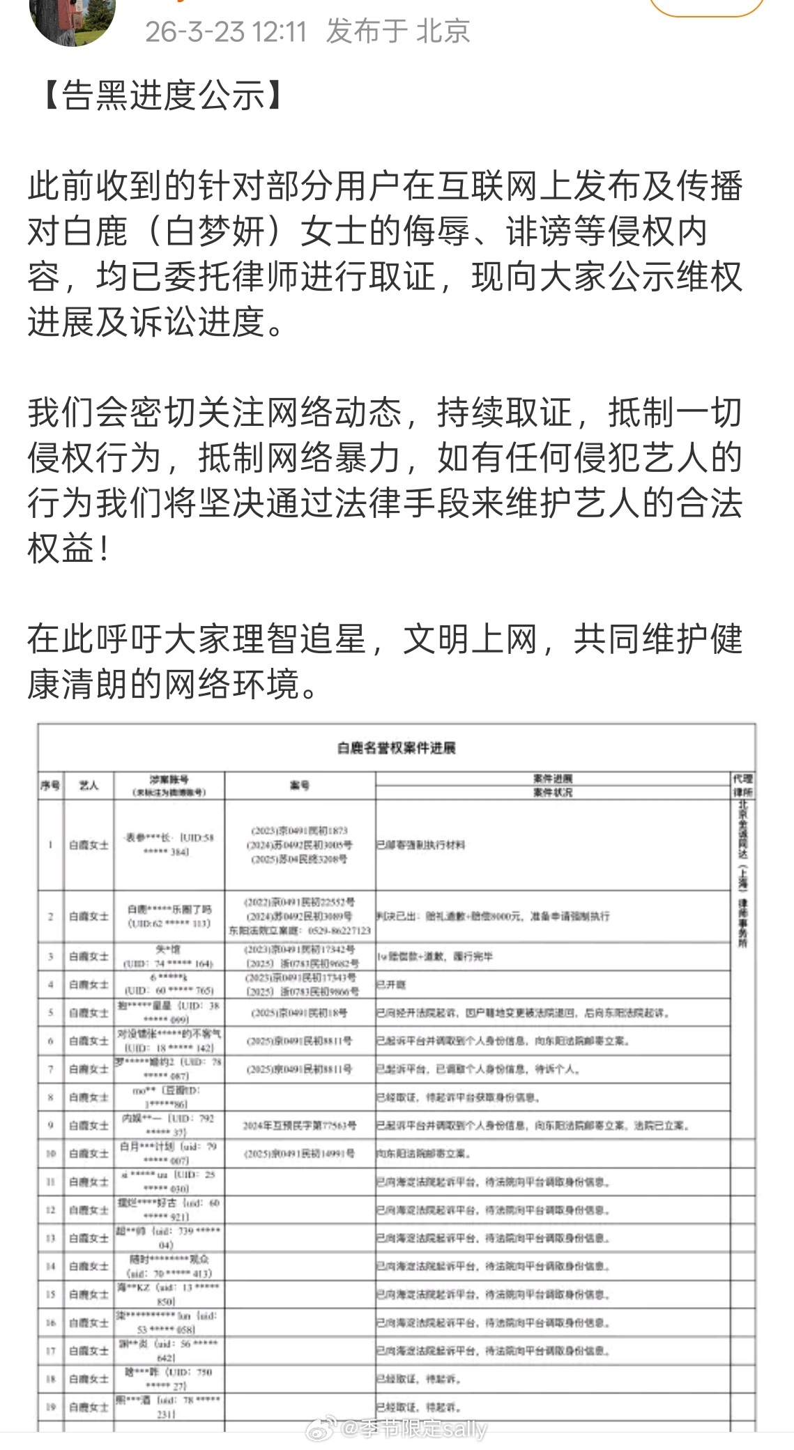 白鹿方更新维权进展👊 