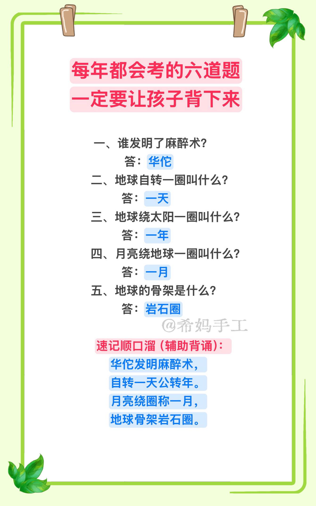 每年都会考的六道题，一定要让孩子背下来