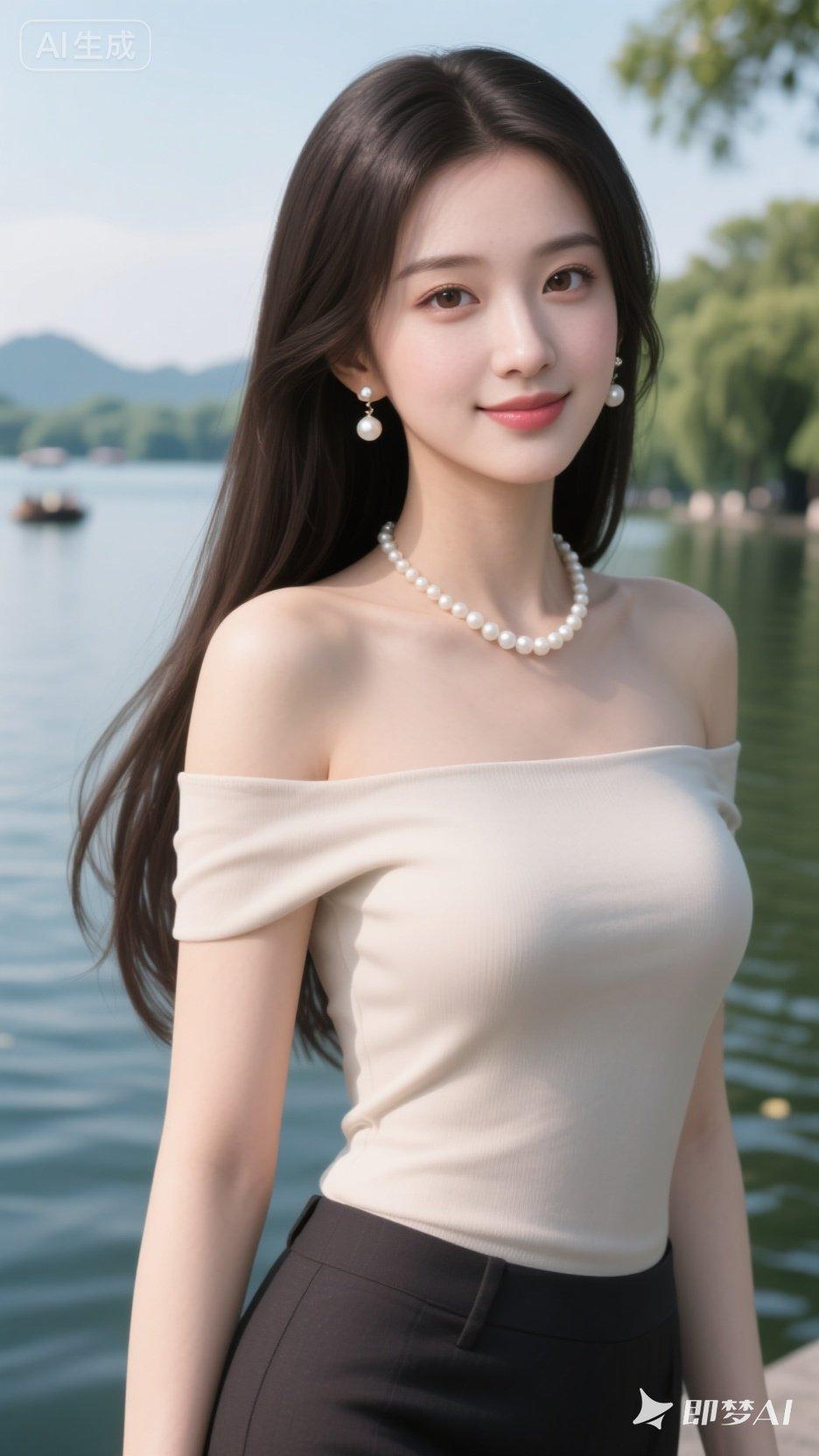 一个女孩在湖边拍照，好漂亮！