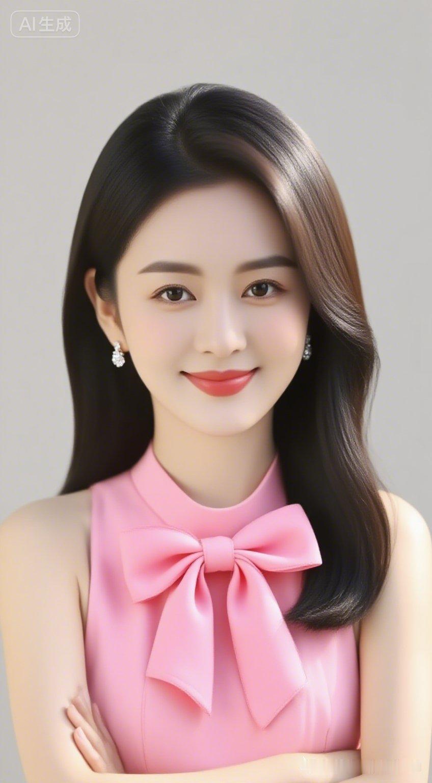 黑亮柔顺长发女子，佩戴精致钻饰耳坠，身着丝滑粉色无袖上衣，领口缀同色系大蝴蝶结，