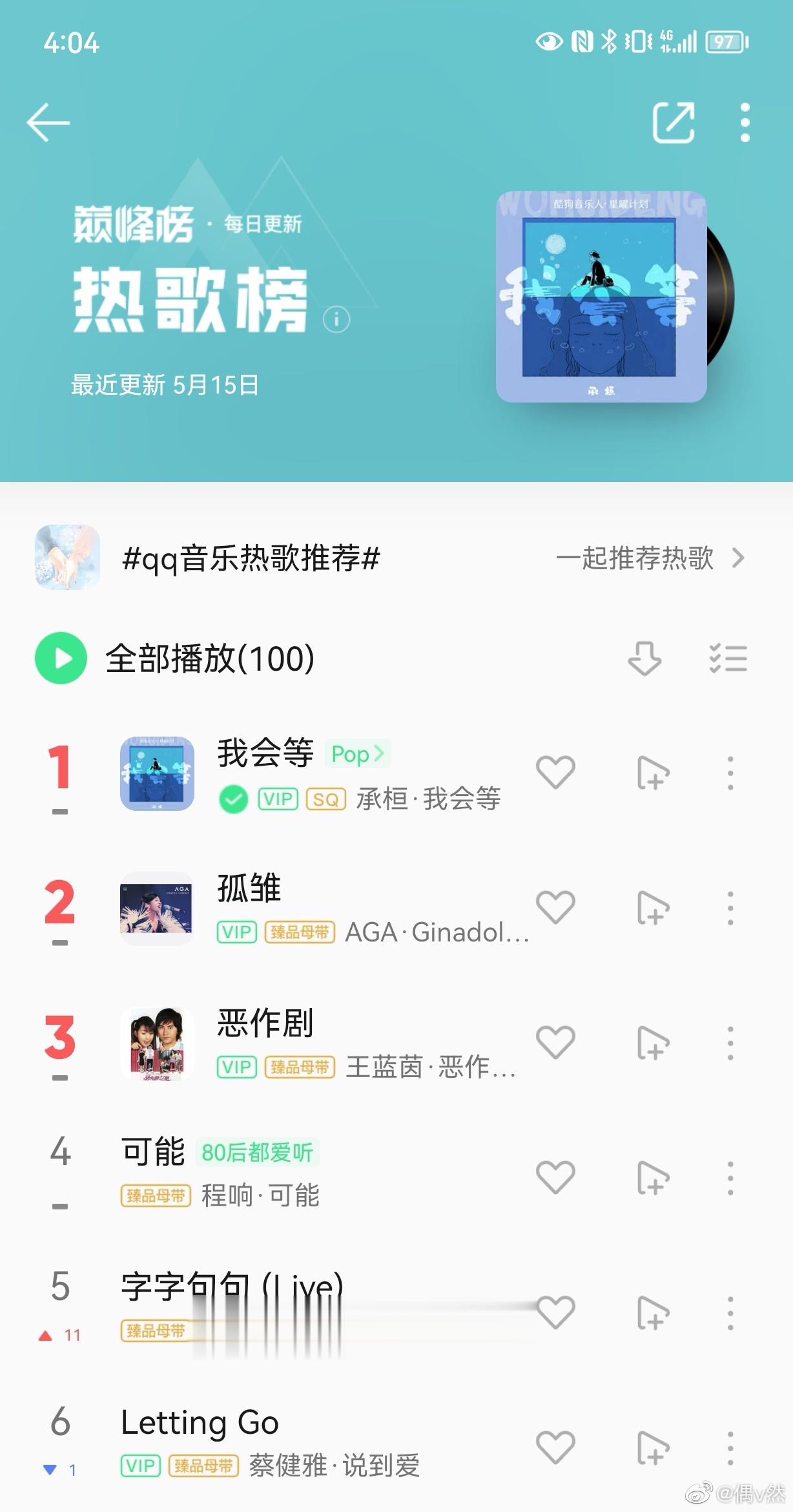 #邓伦# 呵[微笑]注定是xfxy大明星，昨晚用作bgm的“我会等”直接登顶qq