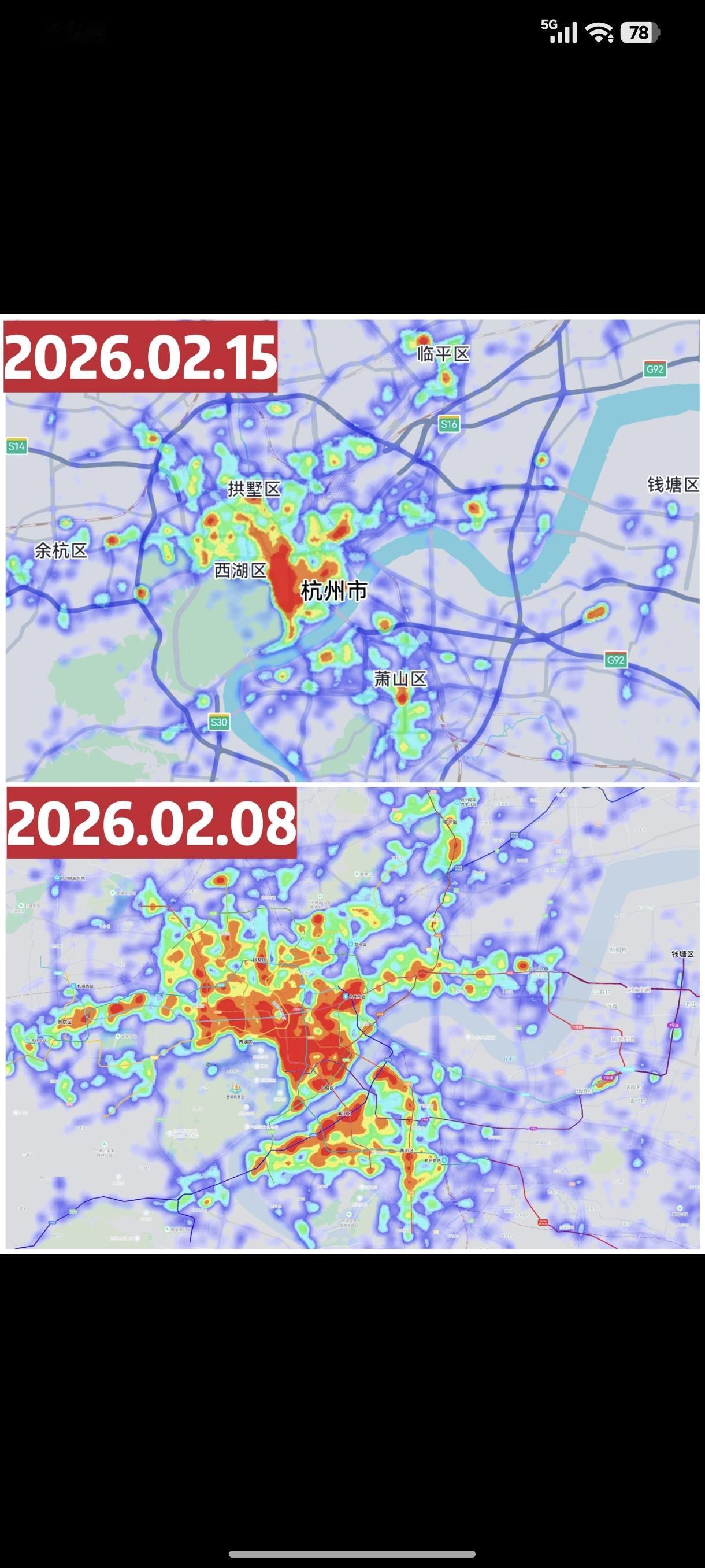 2.8号，到2.15号杭州的热力图，余杭的人走了好多？[捂脸]
