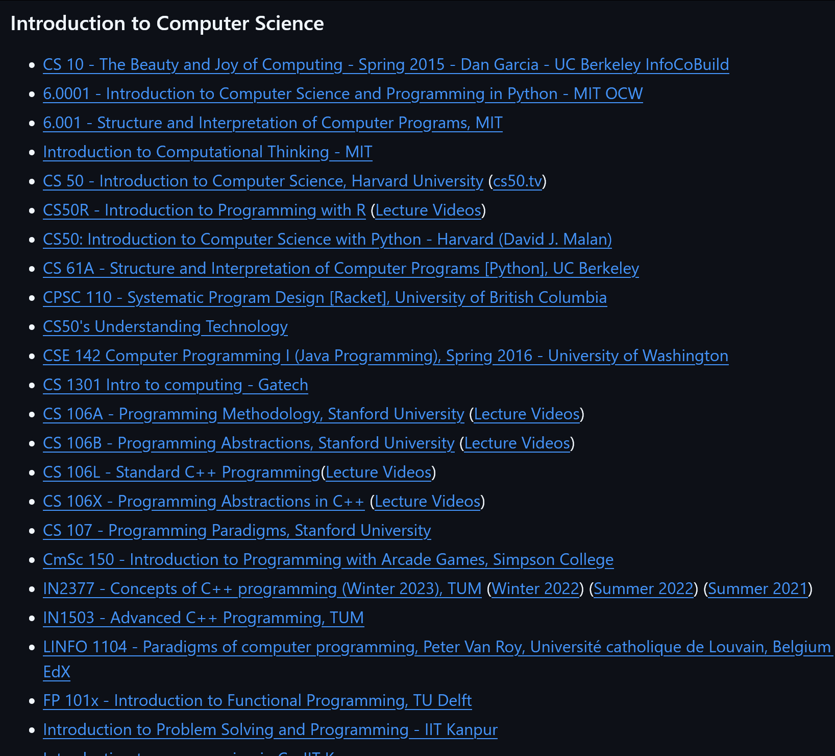 各个知名大学的计算机公开课收集项目“Computer Science cours