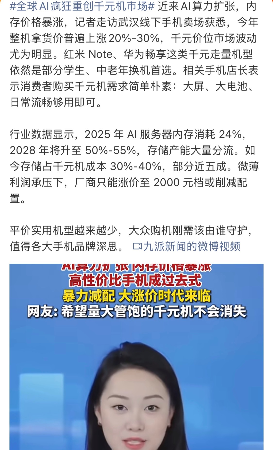 全球AI疯狂重创千元机市场说实话，千元机作为走量机型，现在成本压力这么大。减配也