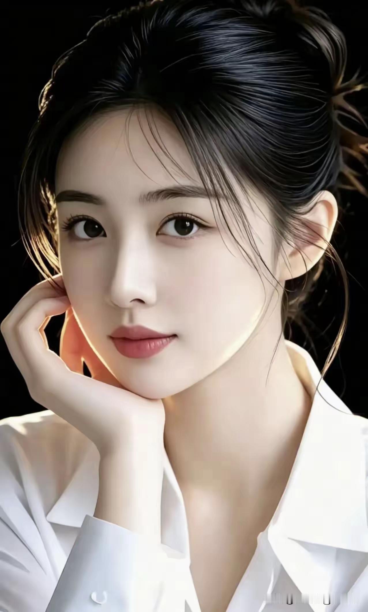 温柔优雅的少女，黑发红唇，白衬衫，气质出众