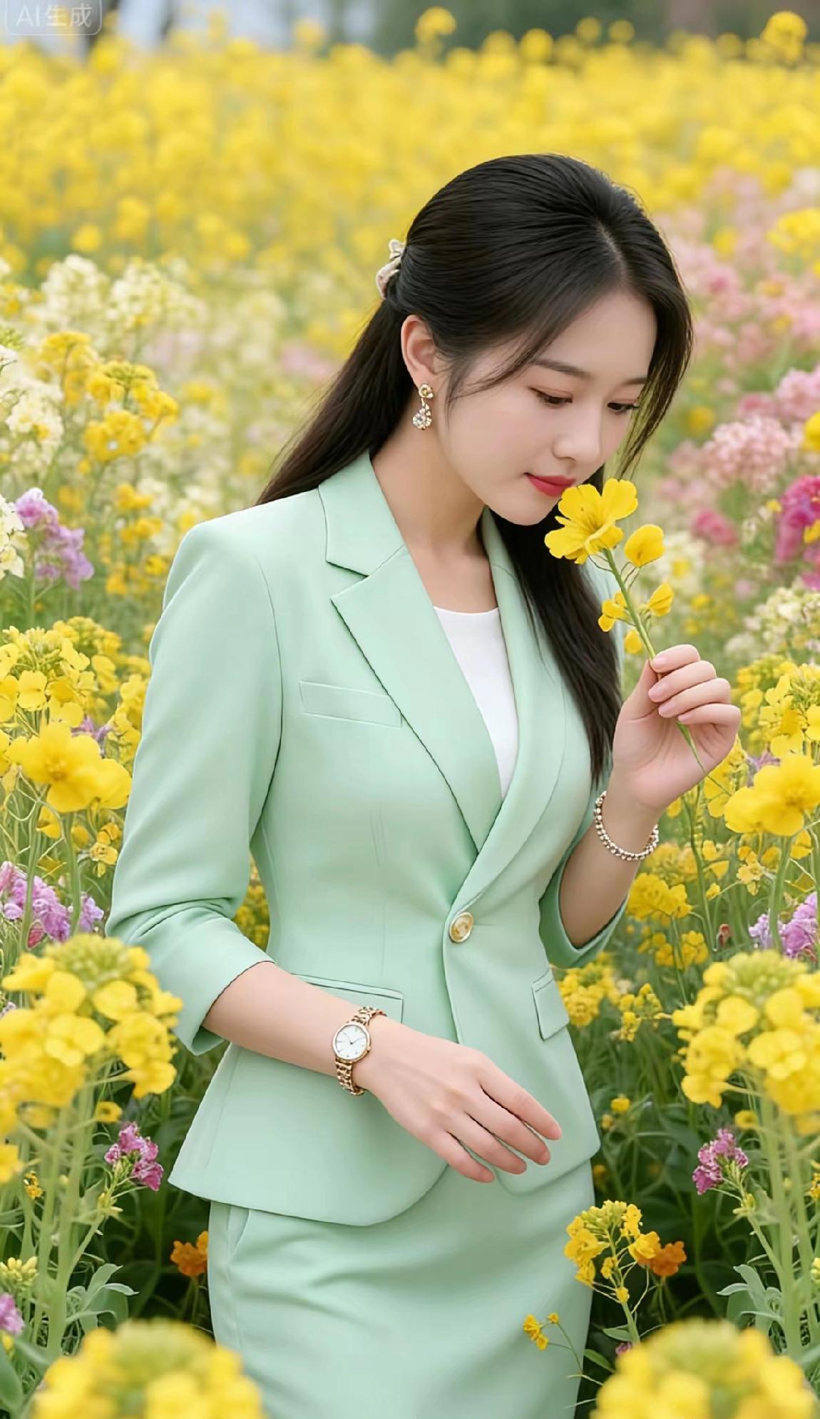春日花海中的优雅女性，浅绿色西装搭配自然妆容，尽显清新与自信。