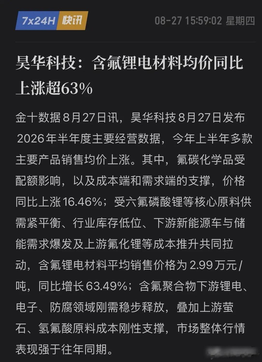 太狠了，涨价63%！昊华把锂电材料涨价甩桌上，氟化工三段论全亮！8月27日，昊华