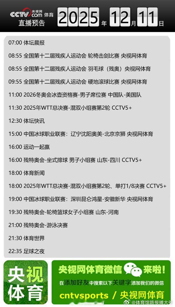 【央视网体育12月11日直播预告】07:00 体坛晨报；11:00 2026冬奥