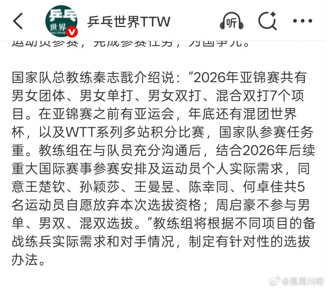 王楚钦自愿放弃亚锦赛选拔资格孙颖莎自愿放弃亚锦赛选拔资格 国家队总教练秦志戬：“