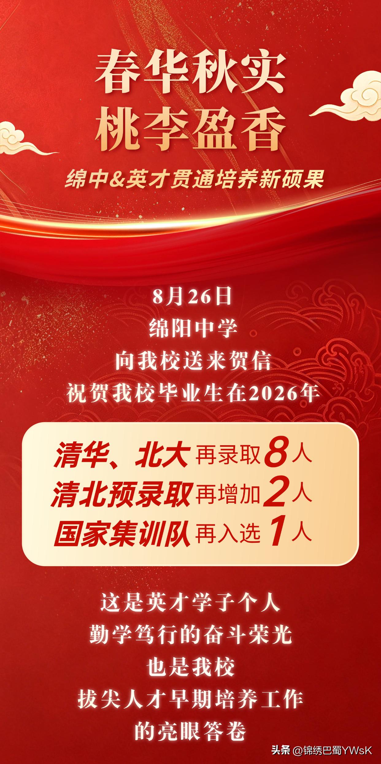 清北录取+8，预录取+2，国家集训队+1，绵阳中学向英才发来贺信